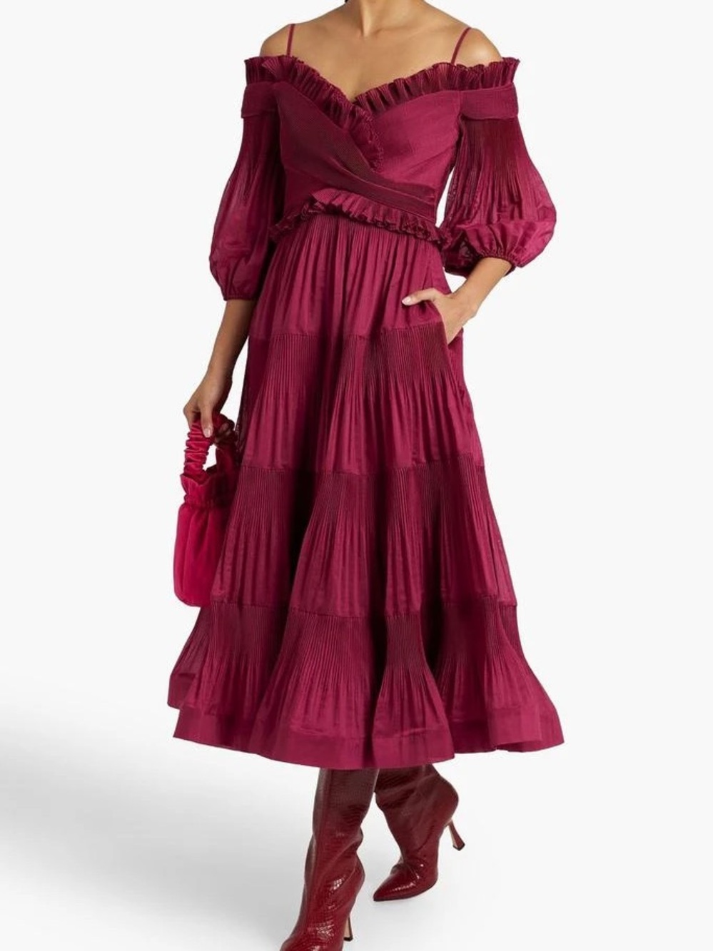 Zimmermann Berry Off-Shoulder Tiered Midi Dress